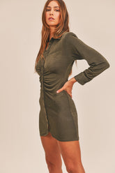 Front Ruched Button-Down Skinny Mini Shirt Dress Mable